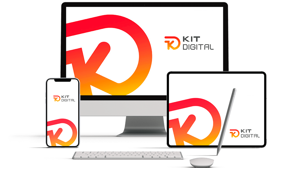 Distintos equipos en su oficina, con la frase "Kit Digital: Ayudas para la digitalización de tu negocio" en la pantalla.