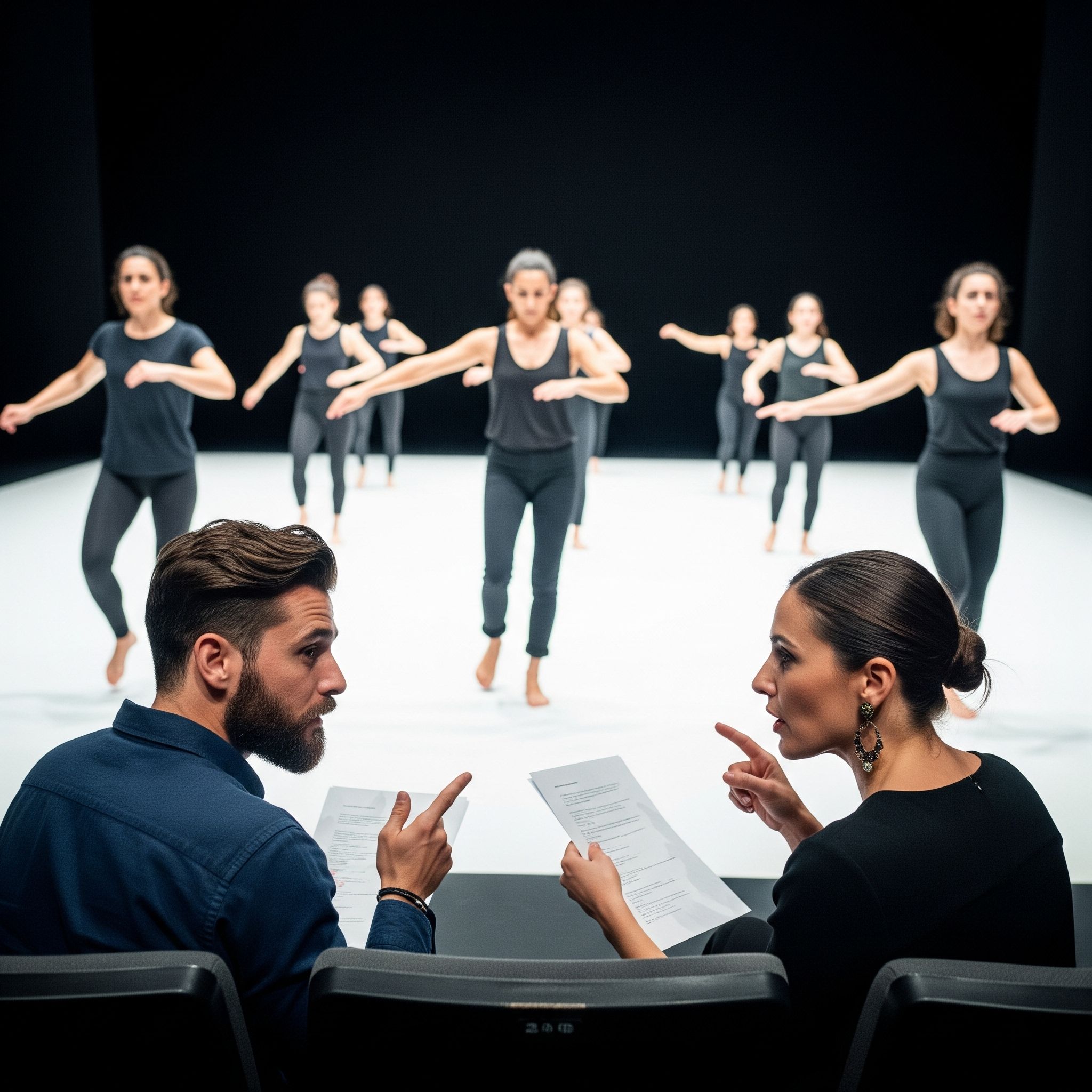 Necesito que crees una imagen para el post de mi web de asesoría fiscal que habla de los beneficios fiscales por inversión en cultura. Actua como un experto en diseño para que la imagen sea la de un escenario en el que ensaya un grupo de teatro, y en el que unos empresarios inversores observan atentamente la escena junto a al director y promotor de la obra comentando lo que ven mientras sostienen unos papeles.