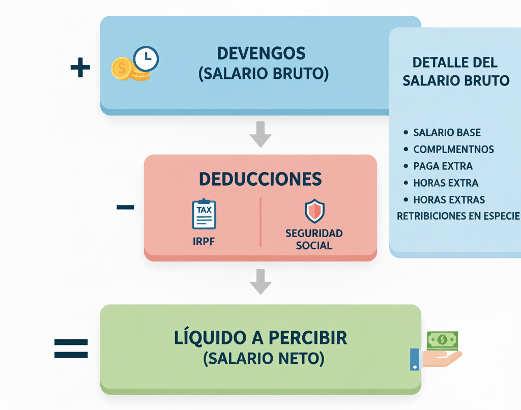 Gráfico simplificado de la estructura de una nómina con sus partes principales para entender tu nómina.