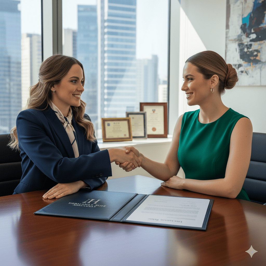 Dos empresarias, que parecen hermanas, cierran un acuerdo y estrechan manos, simbolizando la gestión de Modelo 232 operaciones vinculadas en dos empresas diferentes.