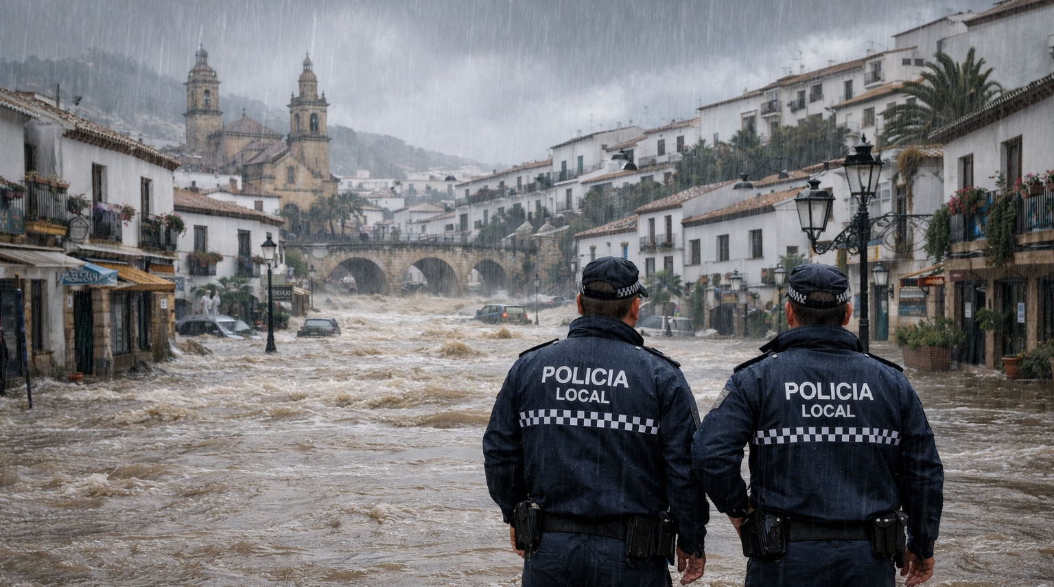Calle inundada en localidad de Andalucía bajo lluvia intensa para ilustrar las ayudas directas temporal 2026.